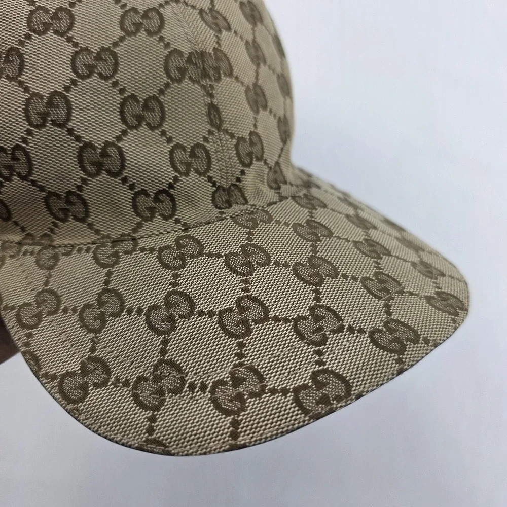 Gucci Hat Cap Strap Back Beige GG Monogram Web Stripe Mens Large Italy